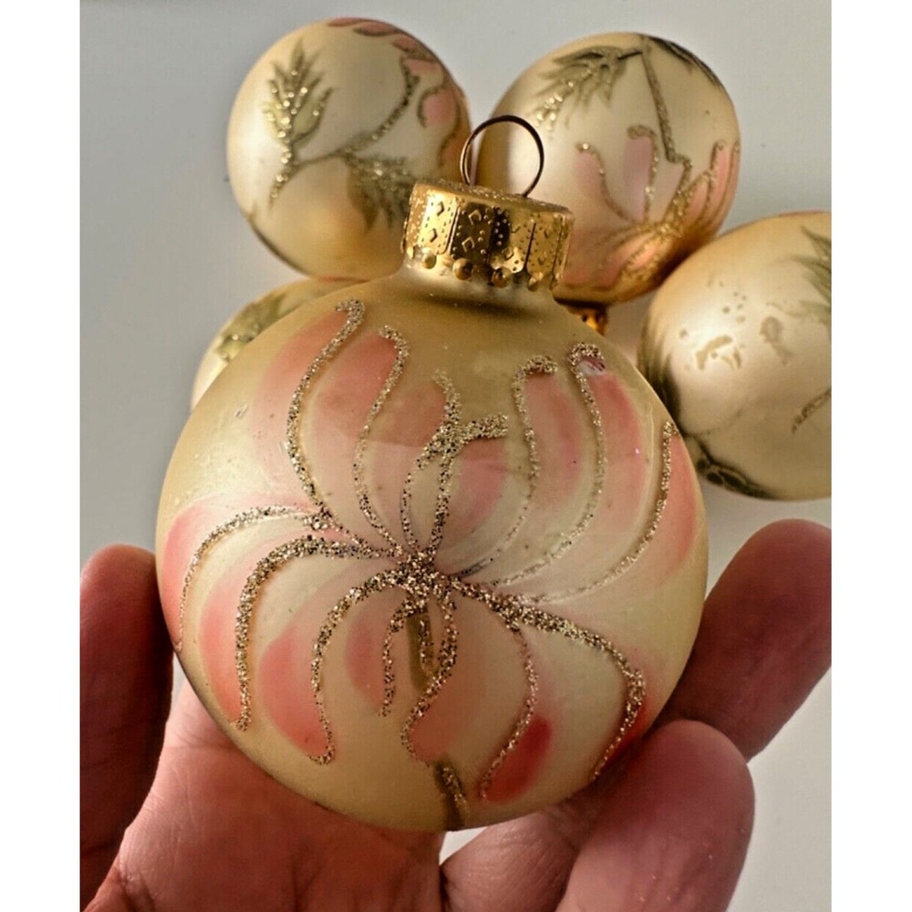 UT Blown Glass Christmas Ornament Glitter Flower Pink Cream Gold Set 5